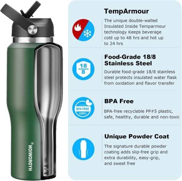 40 oz Insulated Water Bottle with Straw fit in Car Cup Holder(Cold 48 hrs, Hot 24 hrs) Drinking Bottle with Straw Lid, Spout Lid and Flex Cap Leakproof Travel Thermo Mug，Olive - Image 2