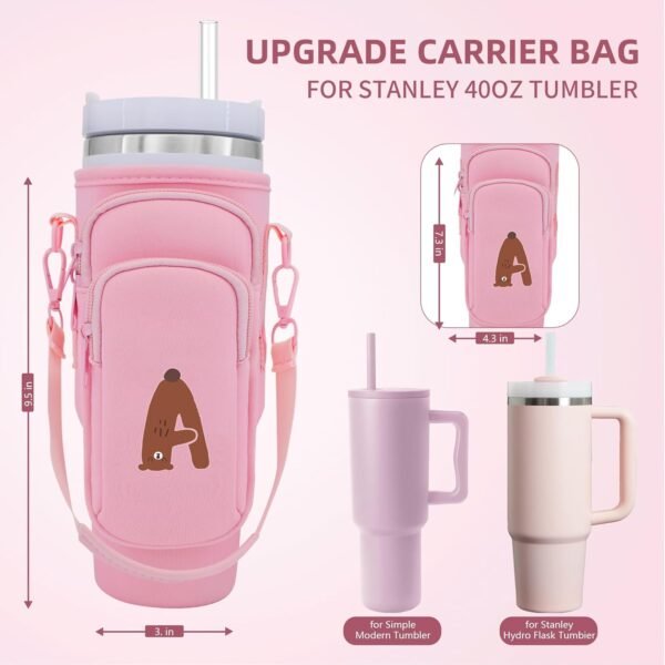 Water Bottle Carrier Bag for Stanley Cup Accessories, for Stanley Tumbler 40 Oz with Handle Holder Bag with Strap Neoprene Bollus with Straw, Straw Cover, Carabiner (Off White) - Image 2