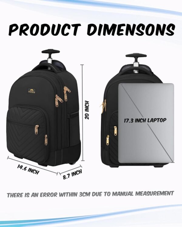 MATEIN Rolling Backpack, 17 inch Extra Large Travel Laptop Backpack with Wheel, Water Resistant Carry on Luggage Business Bag, Overnight College Computer Backpack Trolley Suitcase for Women Men, Black - Image 6