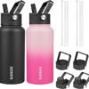 BJPKPK 2 Pack Insulated Water Bottles with Straw Lids, 27oz Stainless Steel Metal Water Bottle with 6 Lids, Leak Proof BPA Free Thermos, Cups, Flasks for Travel, Sports (Cherry+Black)