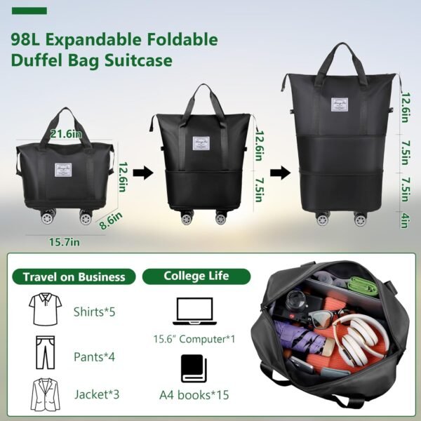 Expandable Duffle Bag, Folding Travel Bag with Wheels, Weekender Travel Bag for Carry-On, Tote Bag with Storage Space，Large Luggage Bag for Business Trips, Camping, Fitness (Black) - Image 2