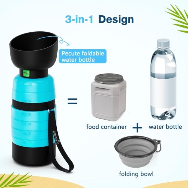 Pecute Dog Water Bottle Portable 22 oz with 5 oz Food Container, Poop Bag Holder, Portable Dog Water Bottle Dispenser, Leakproof, Lightweight, Pet Water Bottle for Dogs Outdoor Travel Walking - Image 3