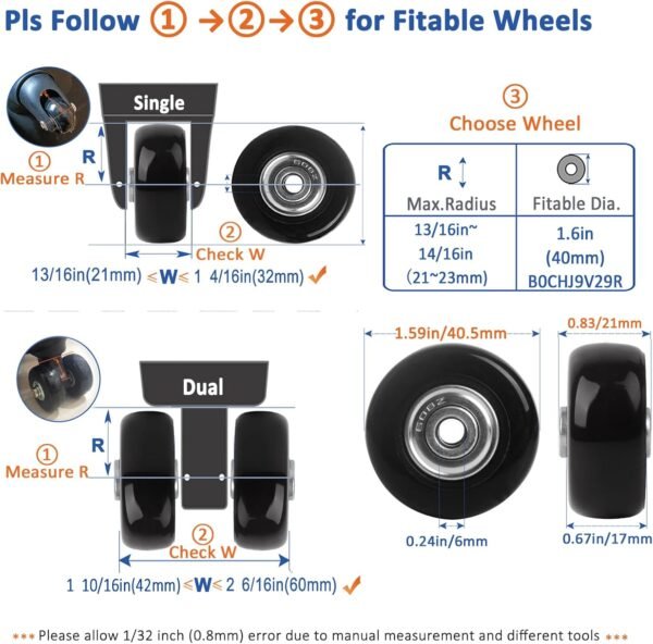 Luggage Wheels Replacement Kit 4PC Diameter 1.6in/40mm Thick 0.7in/17mm PU Wheels with Ball Bearing 3 Size Axles Full Set Repair Tool for Suitcase Trolley Bag Draw-bar Travel Box - Image 2