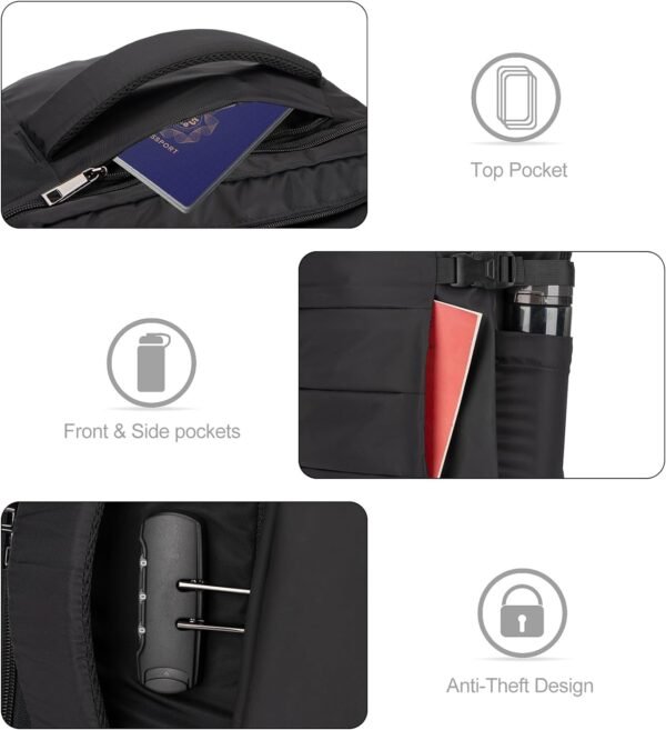 Tzowla 40L Travel Laptop Backpack for Men Women Carry on Flight Approved, Large Capacity Water Resistant Anti Theft Backpacks with USB Port,Business Causal Daypack Bag Fit 17.3"Computer/Notebook-Black - Image 4