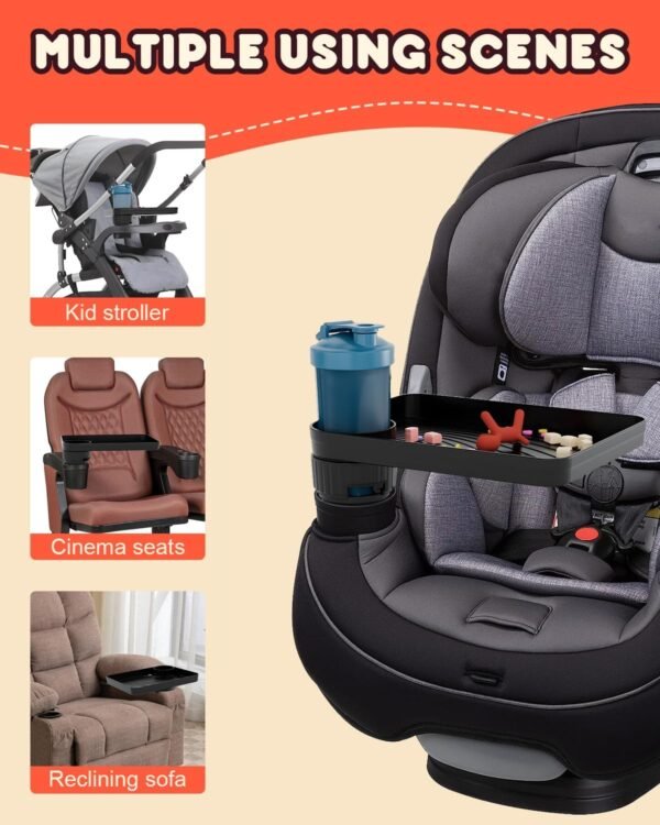 SEVEN SPARTA Car Seat Tray for Kids Toddler Travel with Soft Rubber Base, Rotatable and Removable Cup Holder Snack Tray for Food Color and Play for Family Road Trip Essentials (1, Large Base) - Image 6