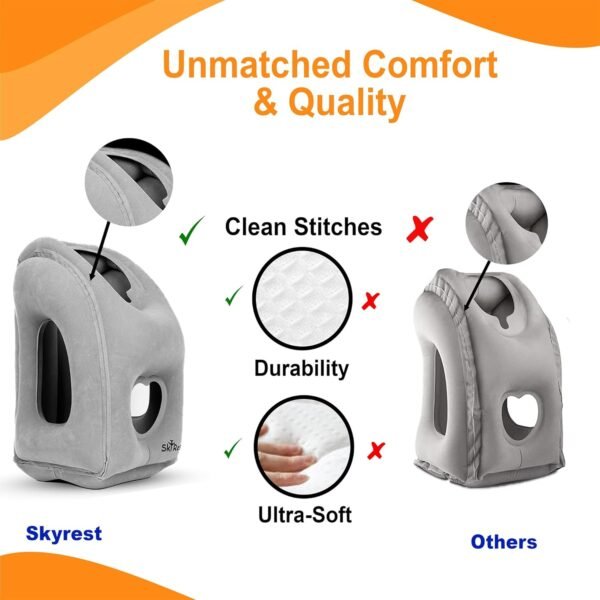 Inflatable Travel Pillow - Airplane Pillow for Neck Support on Long Flights, Buses, Cars, Office & Trains - Comes with Eye Mask, Earplugs & Portable Drawstring Bag - Grey - Image 3