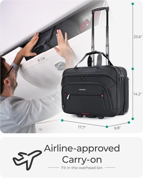 BAGSMART Rolling Laptop Bag, Briefcase with Wheels Fits 17.3 Inch Laptop, Overnight Rolling Bag with TSA Lock, Computer Bag for Travel/Men/Women, Black - Image 6