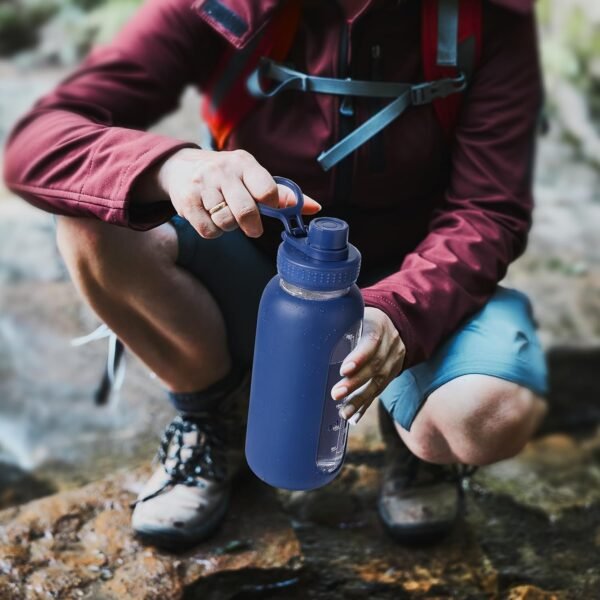 64 oz Glass Water Bottle With Straw and Handle, Half Gallon Sports Motivational Water Jug Flask with Silicone Sleeve, Large Water Cup with Time Marker for Travel, Gym, Black - Image 6