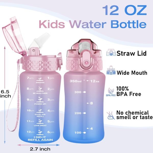 OLDLEY Kids Water Bottle for School, 12 oz (Straw Lid) BPA-Free Reusable Leak-proof Durable Tritan Plastic Water Bottles with One-handed Opening Straw Lids, Anti-dust Spout Cover (Pink-Blue) - Image 2