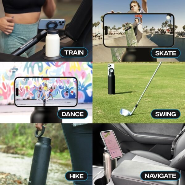 Ringo Insulated Water Bottle - Compatible MagSafe Water Bottle With Phone Holder - Stainless Steel Water Bottle With Magnetic Phone Tripod Mount - Hot 12H, Cold 24H, 360° Rotate - Black 32oz - Image 5