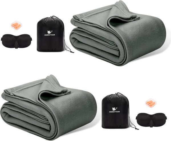 Travel Blanket Throw Blankets with Sleep Masks, Earplugs, and Storage Bags for Long Flights Camping Home Office 50" x 60" 2-Pack Grey