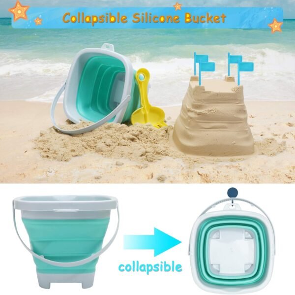 Beach Toys Sand Set for Kids, Collapsible Bucket and Shovels with Mesh Bag, Molds, Flags, Sandbox Kids Toddlers, Travel (Tavel Size) - Image 2