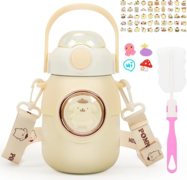 Kids Cute Anime Insulated Water Bottle with 50pcs Anime Stickers, Stainless Steel Thermos Water Bottle Leakproof for Hot or Cold Drinks Adorable Travel Hiking Mug Yellow