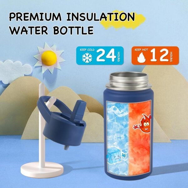 12oz Kids Water Bottle for School Boys&Girls, Leak-Proof Toddler Water Bottle, Stainless Steel Vacuum Insulated Bottle with Straws Lids, Navy blue - Image 5