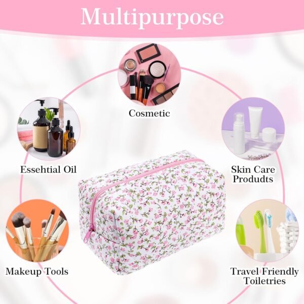 Quilted Makeup Bag, Floral Cosmetic Bag, Travel Coquette Aesthetic Makeup Pouch, Cute Pink MakeUp Organizer Bag, Coquette Cotton Portable Storage Zipper Toiletry Bag for Women - Image 4