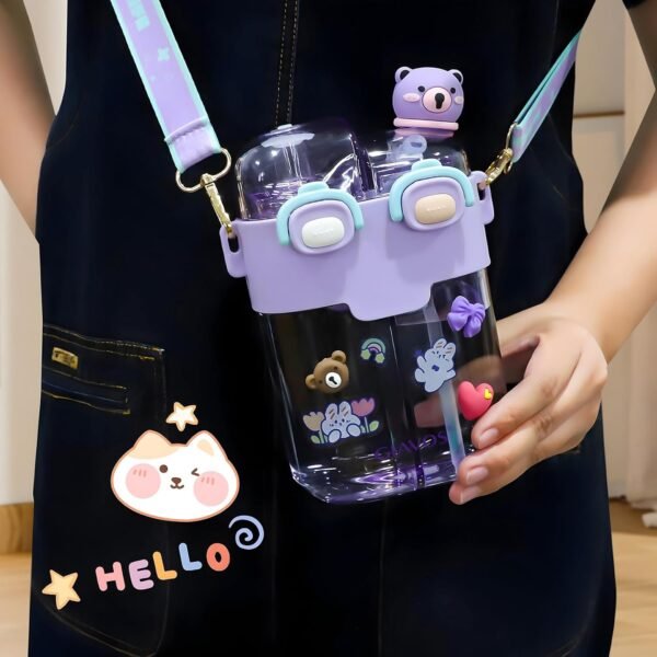 Kawaii Water Bottle, 26oz Cute Water Bottle With Straw and Strap for Girls, Portable Leakproof Dual Chamber Water Bottle With Stickers for School(Purple) - Image 6