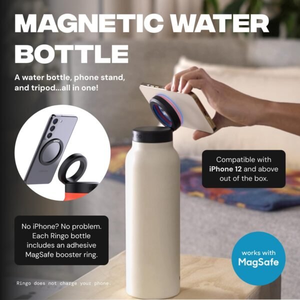 Ringo Insulated Water Bottle - Compatible MagSafe Water Bottle With Phone Holder - Stainless Steel Water Bottle With Magnetic Phone Tripod Mount - Hot 12H, Cold 24H, 360° Rotate - Black 32oz - Image 2