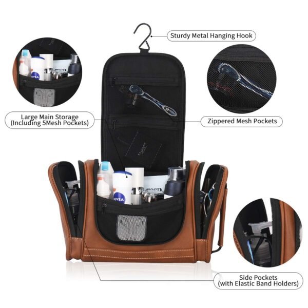 MIRASON Hanging Toiletry Bag for Men Dopp Kit Waterproof Travel Organizer Bag with Sturdy Metal Hook and Handle for Bathroom Shower Cosmetics Camping Brushes Shaving (Brown) - Image 5