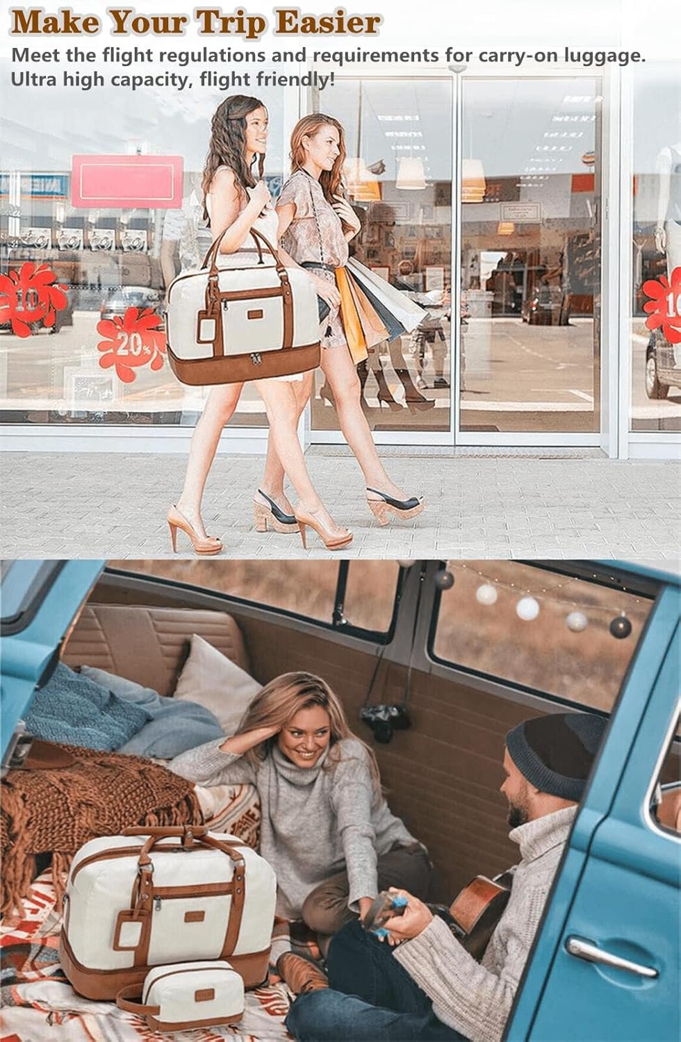 Wogarl 4PCS Weekender Bags for Women Large Overnight Bag Weekend Travel Duffel Bag Carry on Shoulder with Shoe Compartment Canvas Toiletry Bag for Travel Business Gym,Beige - Image 7