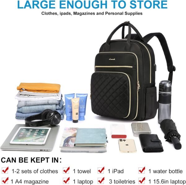 LOVEVOOK Laptop Backpack for Women, 15.6 Inch, Black, Quilted Commuter Backpack with USB Charging Port, Water Resistant, Lightweight Travel Work Backpack - Image 7