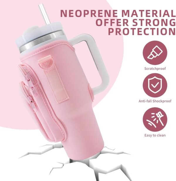 Water Bottle Carrier Bag for Stanley Cup Accessories, for Stanley Tumbler 40 Oz with Handle Holder Bag with Strap Neoprene Bollus with Straw, Straw Cover, Carabiner (Off White) - Image 3