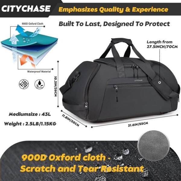 Travel Duffle Bag, 43L Gym Bags for Men, 4 in 1 Sports Gym Duffel Bag, Gym Backpack with Shoe Compartment, Waterproof Travel Weekender Overnight Bag For Football Backpack Carry on Luggage-Black - Image 5