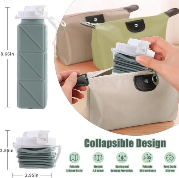 Collapsible Water Bottle, Food Grade BPA Free Silicone Water Bottle, 21oz Folding Travel Water Bottle with Straw Leakproof for Sports,Office, Gym, Hiking, Mountaineering, Travel (Green) - Image 5