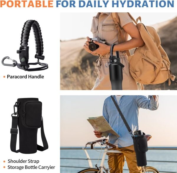 Insulated-Water-Bottle Fit Car Cup Holder - 32OZ Vacuum Stainless Steel Tumblers with Straw & Spout Lids, Paracord Handle, Carrier Bag & Boot, Insulated Tumbler Travel Mug Keep Cold-48H Hot-12H - Image 5
