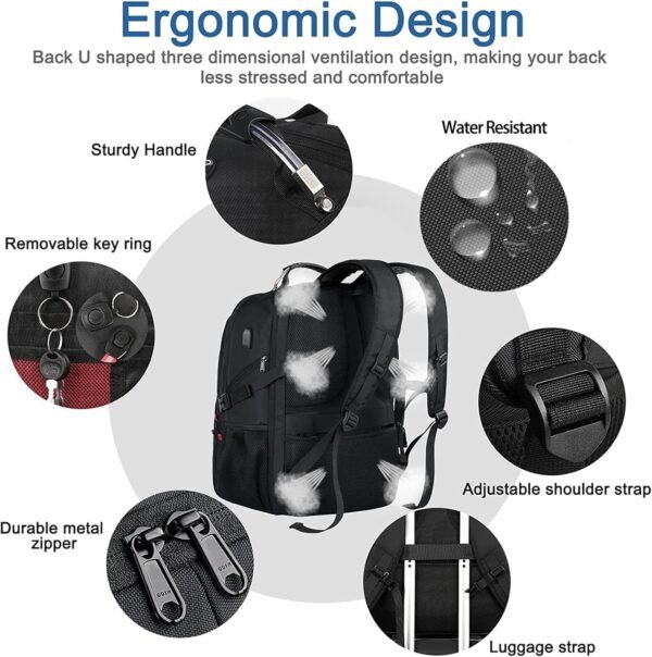 Z-MGKISS Extra Large Travel Backpack, TSA Backpack 17.3 Inch, 50L Anti Theft 17 Inch Big Business Laptop Backpack for Men & Women, Water Resistant College Rucksack Bag with USB Port, Black - Image 5