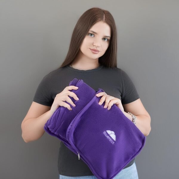 BlueHills Travel Blanket Pillow Premium Soft Plush for Airplane Travel Size Blanket Throw Long Flight Essentials in Compact Bag Plane Portable Lightweight Purple T021 - Image 6