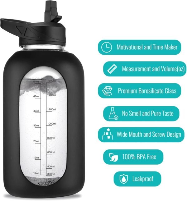64 oz Glass Water Bottle With Straw and Handle, Half Gallon Sports Motivational Water Jug Flask with Silicone Sleeve, Large Water Cup with Time Marker for Travel, Gym, Black - Image 3
