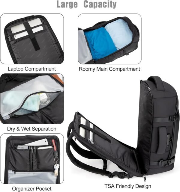 Tzowla 40L Travel Laptop Backpack for Men Women Carry on Flight Approved, Large Capacity Water Resistant Anti Theft Backpacks with USB Port,Business Causal Daypack Bag Fit 17.3"Computer/Notebook-Black - Image 3