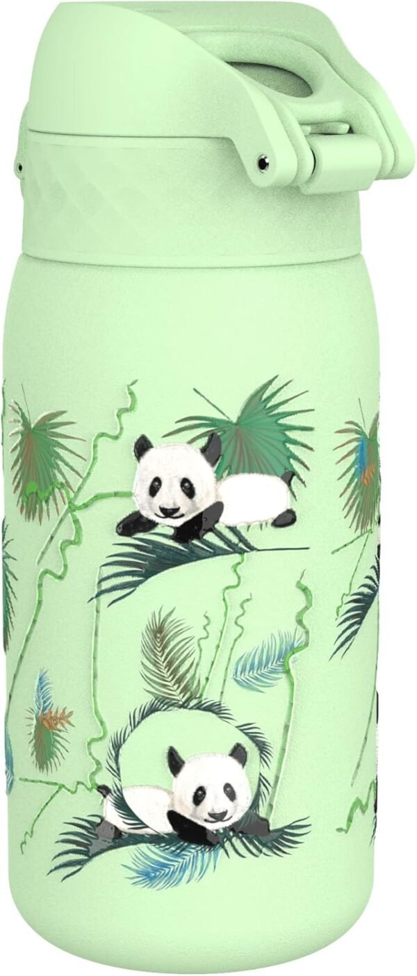 Ion8 Kids Water Bottle, Steel 400 ml/13 oz, Leak Proof, Easy to Open, Secure Lock, Dishwasher Safe, Flip Cover, Carry Handle, Easy Clean, Durable, Metal Water Bottle, Raised Print, Pandas Design - Image 2