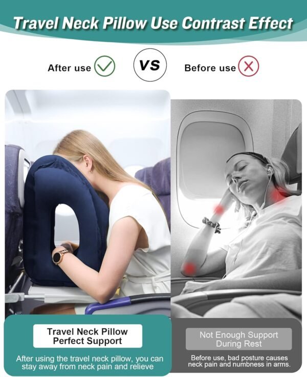 JefDiee Inflatable Travel Pillow, Airplane Neck Pillow Comfortably Supports Head and Chin for Airplanes, Trains, Cars and Office Napping with 3D Eye Mask, Earplugs and Portable Drawstring Bag (Blue) - Image 5