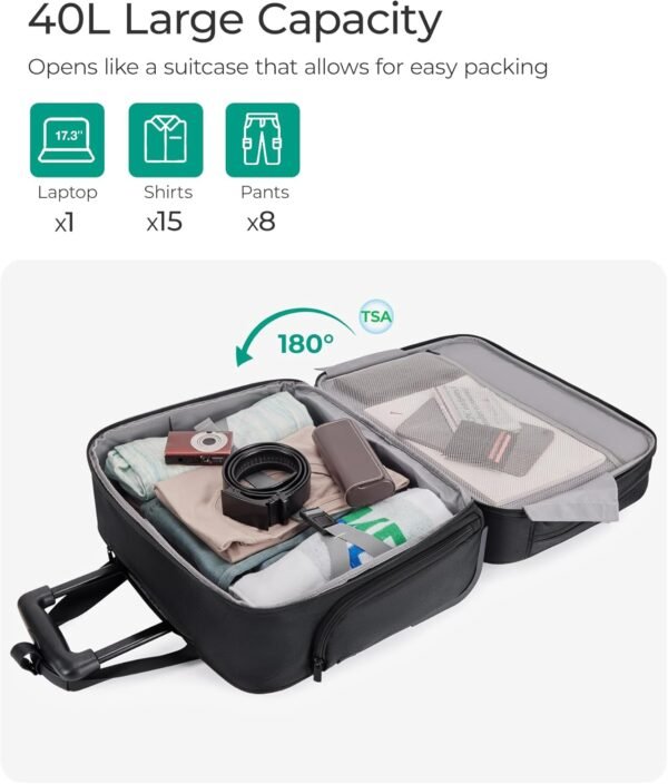 BAGSMART Rolling Laptop Bag, Briefcase with Wheels Fits 17.3 Inch Laptop, Overnight Rolling Bag with TSA Lock, Computer Bag for Travel/Men/Women, Black - Image 2