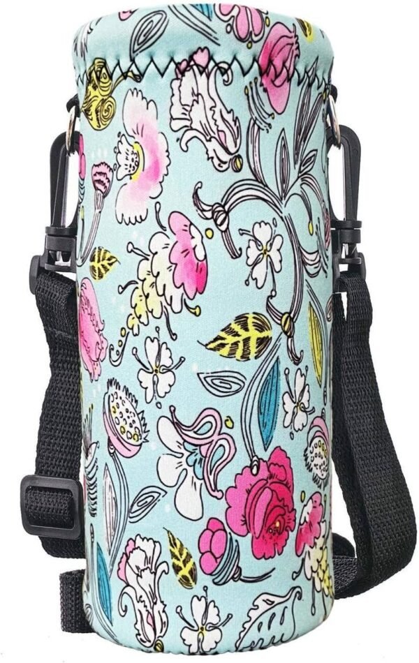 Neoprene Water Bottle Sling Case Bag Carrier Holder - 750ML/24oz Water Bottle Sleeve Strap Cooler Cover for Men Women Kids Travel School Camping Walking Hiking Running(Blue Flowers)