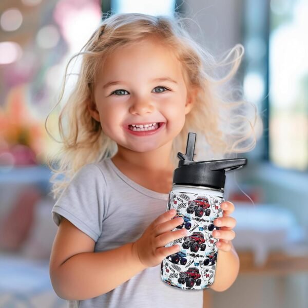 Monster Truck Kids Water Bottle for School with Straw Lid,12oz Stainless Steel Insulated Water Bottle for Boys & Girls,Leak Proof Lid with Handle & Touch Free Spout (A09) - Image 7