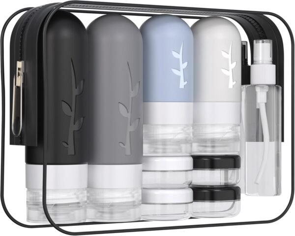 16 Pack Travel Size Toiletries Kits - Leak Proof TSA Approved Travel Bottles for Toiletries Essential - BPA Free Travel Containers for Shampoo, Conditioner, Lotion (16Pcs/Black)