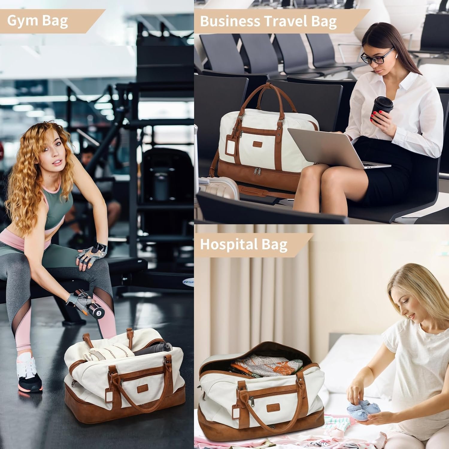 Wogarl 4PCS Weekender Bags for Women Large Overnight Bag Weekend Travel Duffel Bag Carry on Shoulder with Shoe Compartment Canvas Toiletry Bag for Travel Business Gym,Beige - Image 8