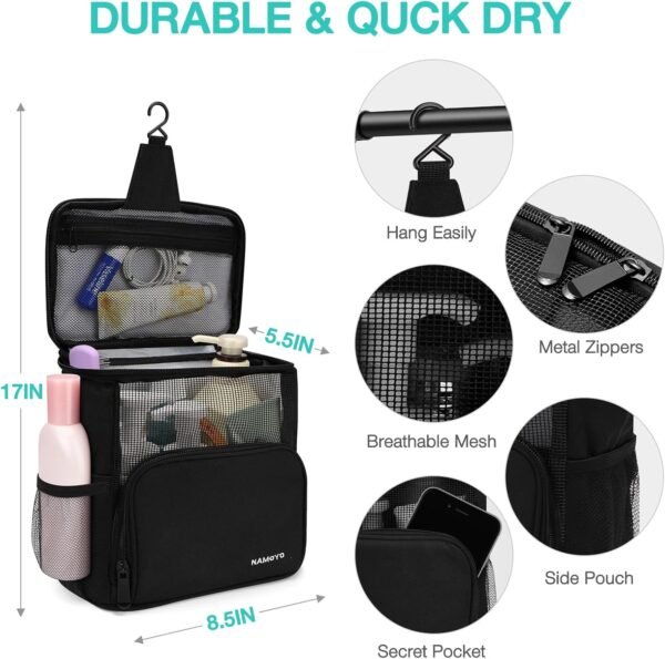 hatisan 1PC Portable Shower Caddy Dorm Room Essentials, Shower Caddy College Hanging Mesh Shower Caddy Bathroom Caddy, Shower Bag for College Shower Caddy Tote Traveling Gym Camping (Black) - Image 5