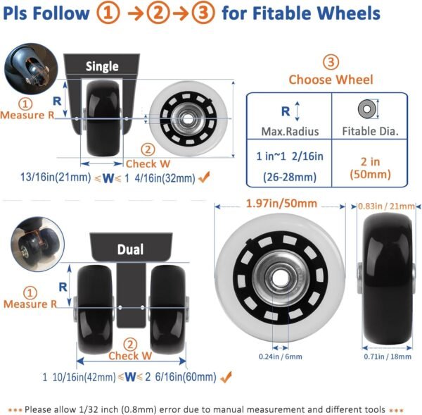 Luggage Wheel Replacement Kit with 4 Rubber Wheels, 3 Size Axles and Bearings for Suitcases and Travel Bags - Image 2