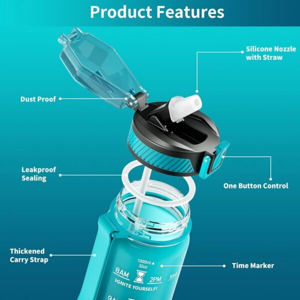 Water Bottle with Straw, 32oz Motivational Water Bottles with Time Marker to Drink, Tritan BPA Free, 1L Sports Water Bottle with Carry Strap LeakProof for Women Gym Fitness Outdoor (1 Pack) - Image 5