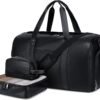 Wogarl 3PCS Leather Weekender Bag for Women Men Large Overnight Bag Travel Duffel Bag with Shoe Compartment Toiletry Packing Cube Carry On Bag Fit 21" Laptop(Black)