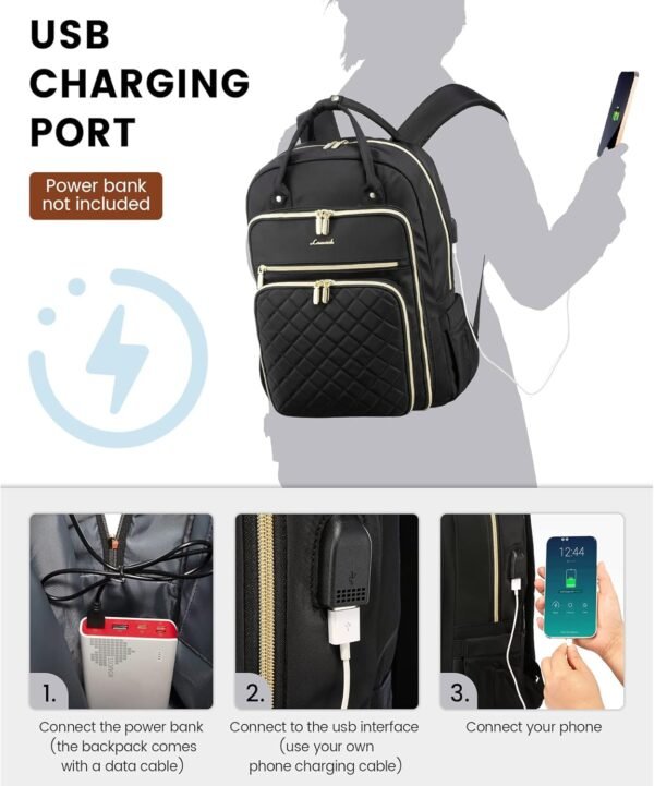 LOVEVOOK Laptop Backpack for Women, 15.6 Inch, Black, Quilted Commuter Backpack with USB Charging Port, Water Resistant, Lightweight Travel Work Backpack - Image 5