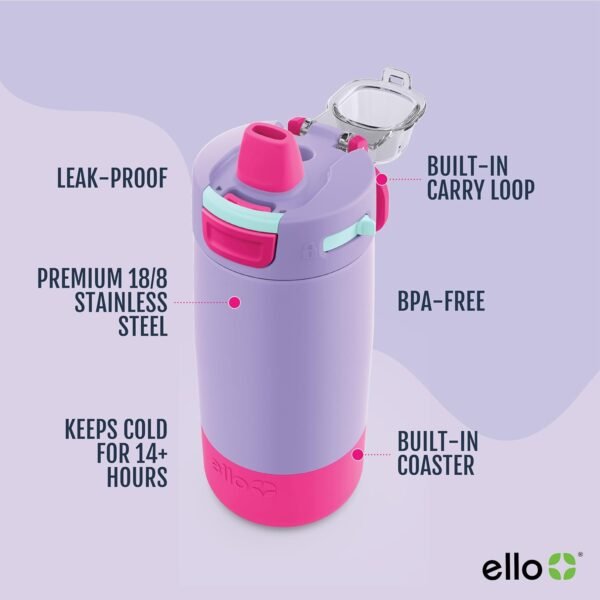 Ello Kids Colby 12oz Stainless Steel Insulated Water Bottle with Straw and Built-In Silicone Coaster Carrying Handle and Leak-Proof Locking Lid for School Backpack, Lunchbox, and Outdoor Sports - Image 3