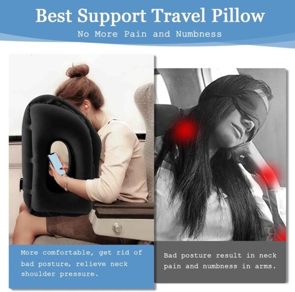 Inflatable Travel Pillows for Airplanes, Neck Support Travel Pillow for Sleeping Airplanes/Trains/Cars/Office Napping with Free Eye Mask, Earplugs - Image 3