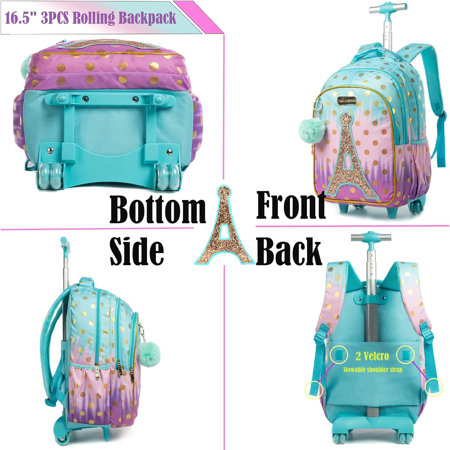 Egchescebo School Bags Kids Rolling Backpack for Girls Kids Luggage Suitcase With Wheels - Image 3