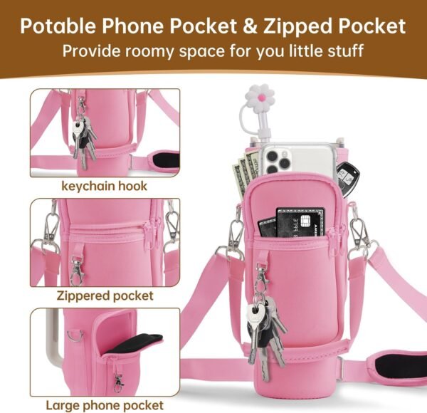 Water Bottle Carrier Bag with Phone Pocket for Stanley 40 oz Tumbler Neoprene Water Bottle Sling Sleeve Holder for Stanley Cup Accessories with 1 Straw Cover & 2 Straws & 1 Brushes (Pink) - Image 3