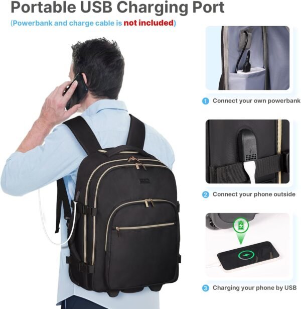 Rolling Backpack for Women, 17Inch Laptop Travel Backpack with Wheels, Under Seat Carry on Luggage Airplane, Overnight Business Trolley Backpack Bag (Elegant Black) (In Patent) - Image 4