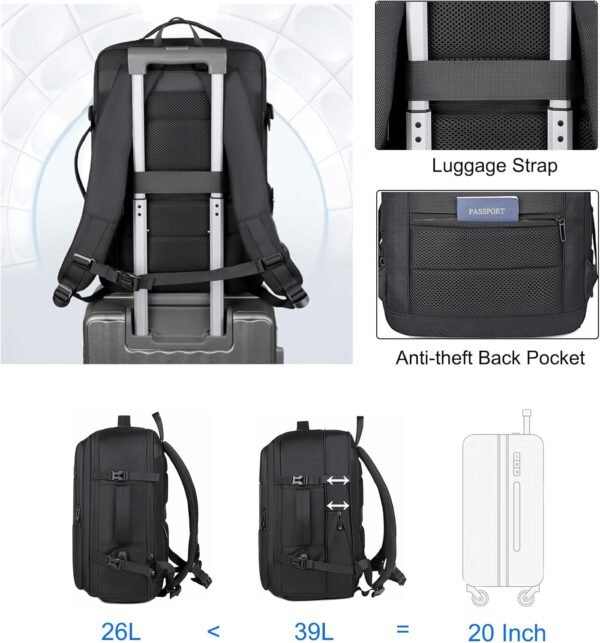Travel Backpack for Men Business Computer Large Backpack Suitcase for Travel with USB Charging Port, Work Laptop Bookbag for Women Office College School Bag, Black - Image 5
